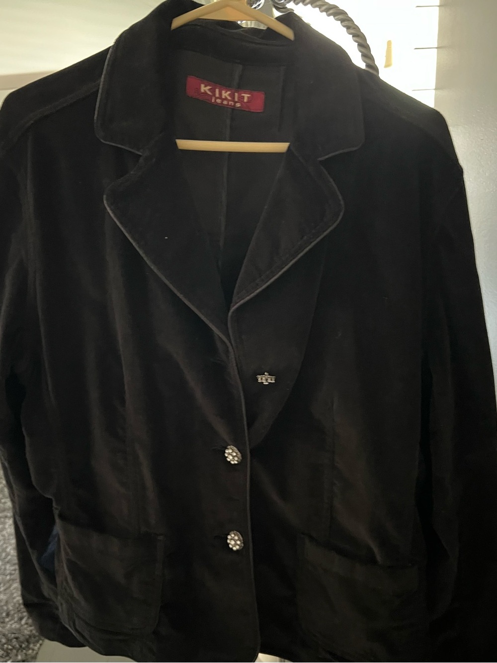 Velvet Button-Front Black Jacket With Rhinestone Buttons - Picture 3 of 4